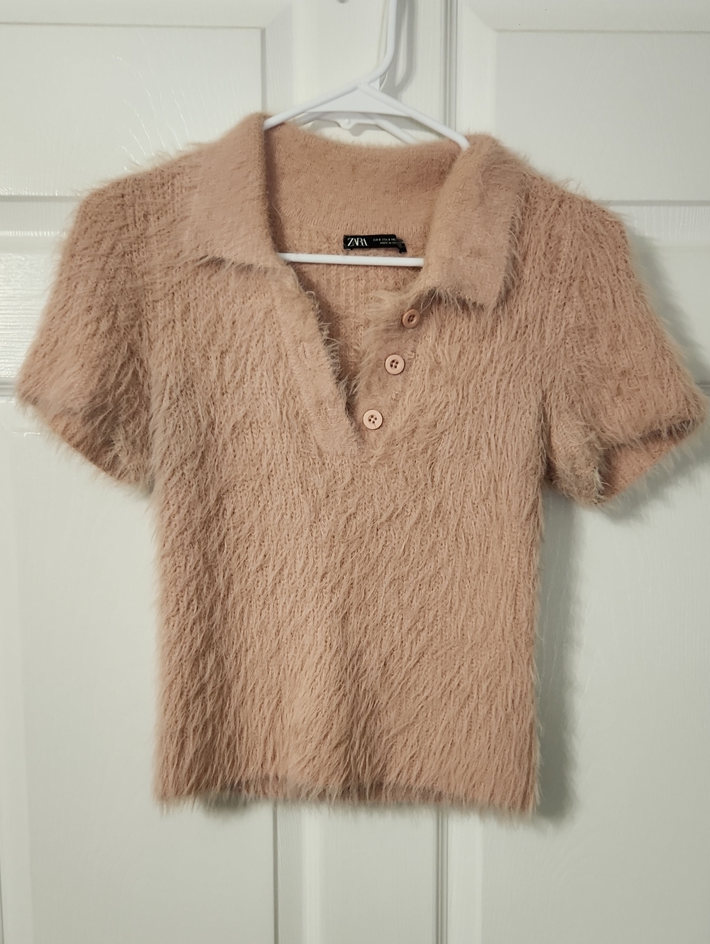 Zara Plush Fuzzy Short Sleeve Polo - Blush Pink, Size S